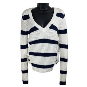 Derek Lam Sweater Womens XS Blue White Breton Nautical Stripe V-Neck Coastal
